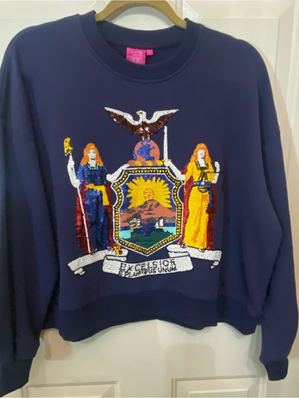 RARE- QOS- NEW YORK Sequin Crest Crewneck Sweater NWOT